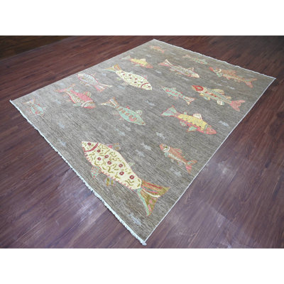 Tapis oriental gris en laine noué à la main 7 pi 9 po x 9 pi 7 po Peshawar afghan avec un motif de poisson océanique coloré