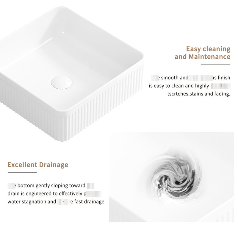 Lavabo vasque rectangulaire, 15 po x 15 po, en céramique de porcelaine blanche, conception rayée, facile à nettoyer et à entretenir, salle de bain moderne de style esthétique 15 po x 15 po, polyvalente pour les comptoirs, surface lisse