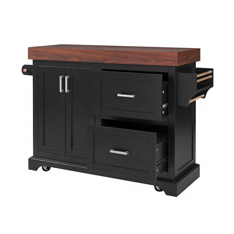 Grand îlot de cuisine de 53 po avec bureau de 3,5 po d'épaisseur, supports à épices et à serviettes, îlot de cuisine roulant avec rangement sur 5 roulettes, 2 très grands tiroirs, pour la maison, la cuisine, la salle à manger