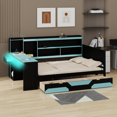 Multi-Functional Gaming Daybed with Desk,  3 Storage Drawers, Built-in Charging Station and Headboard