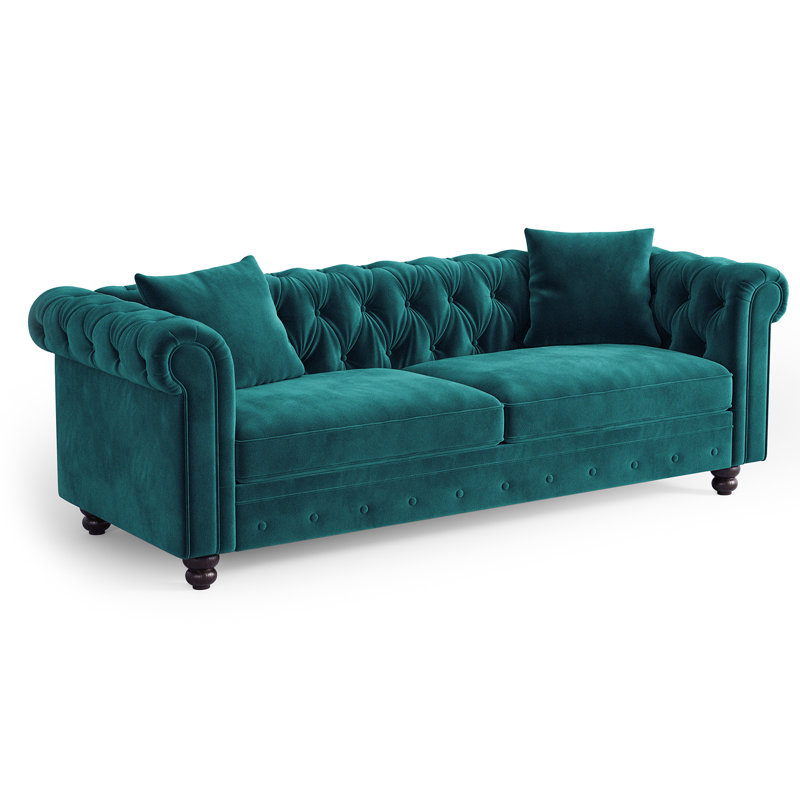 Diba 81.88'' Chesterfield Sofa, Velvet Couch with Rolled Arms, Green