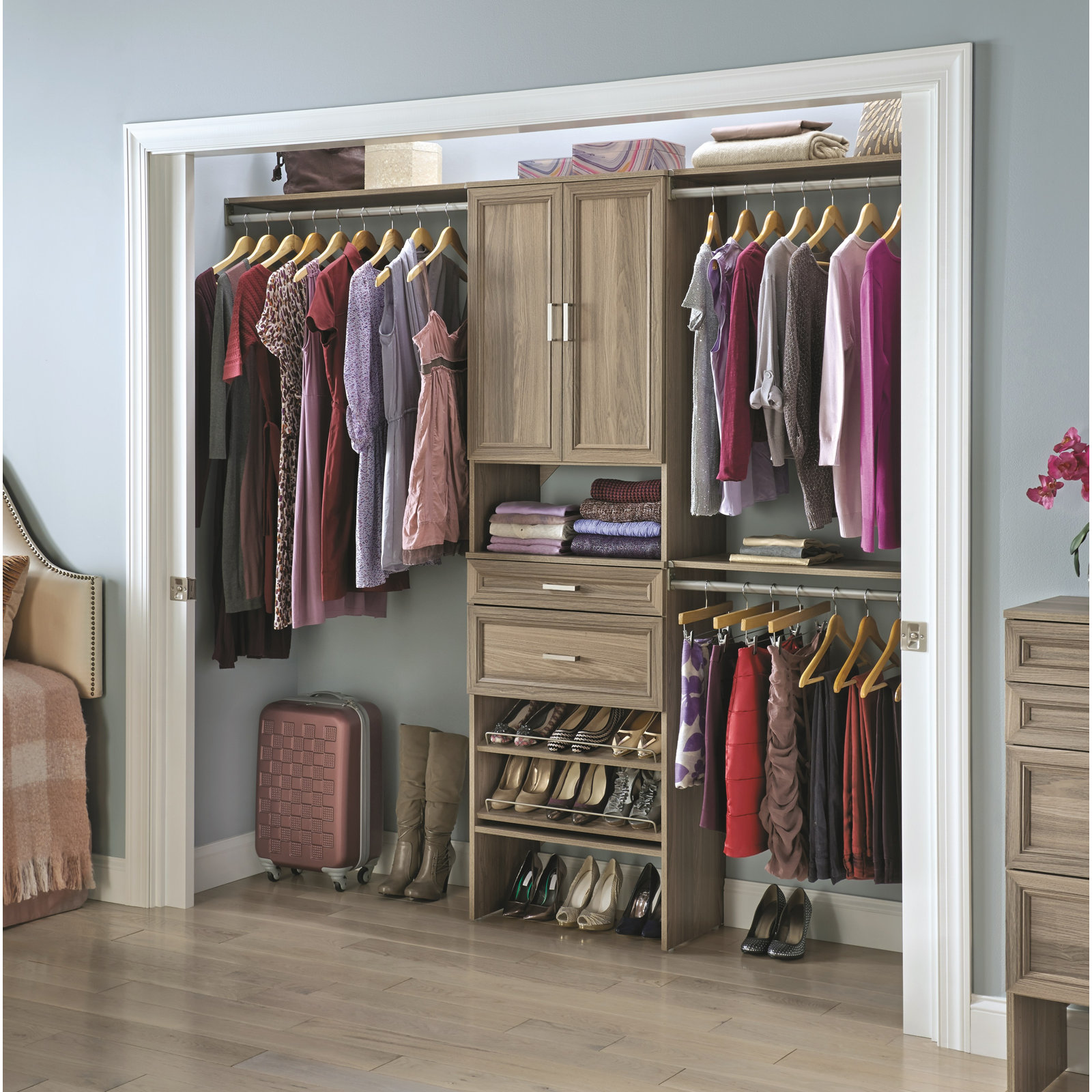Closet System with Drawers and Shoe Shelves, Natural Gray