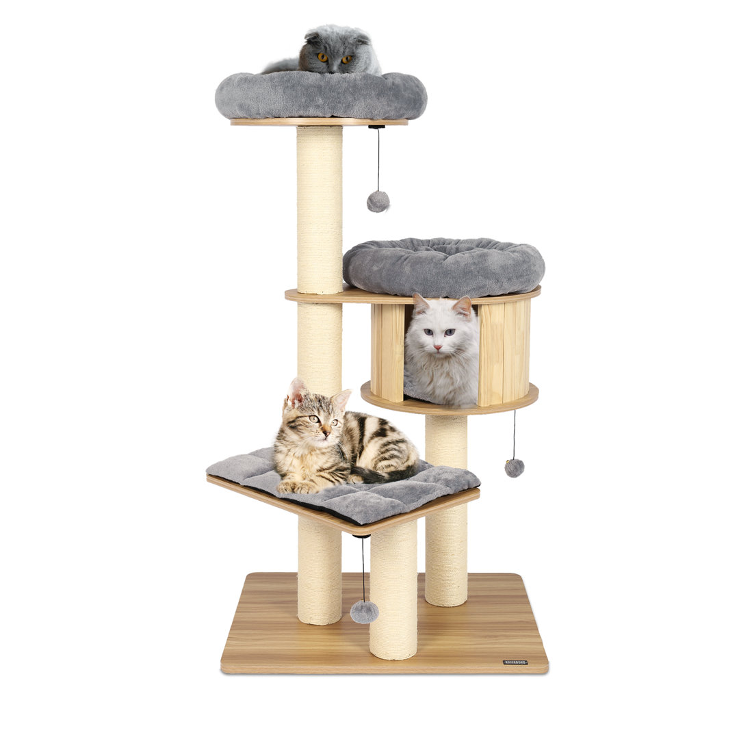 58.6" Wooden Cat Tree Tower, Natural Sisal Scratching Posts, Condo, Cushions Tucker Murphy Pet™