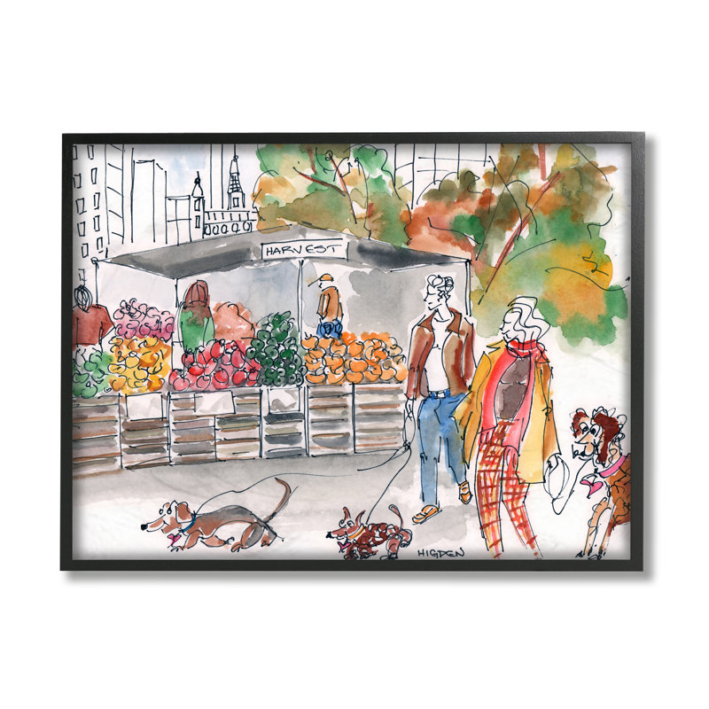 «Farmers Market Illustration City Dog Walkers» par Mark Higden - impression d'art graphique, H 24 po x l 30 po x 1,5 po