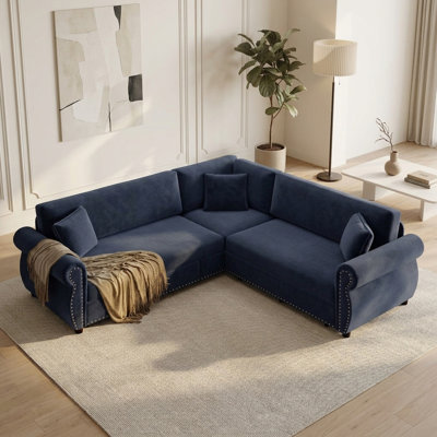 86.6" W Rolled Arm Nailhead Trim Convertible Chenille Upholstered Pull-Out Sleeper Sectional Sofa