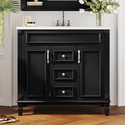 Meuble-lavabo 36 po avec lavabo supérieur, armoire de rangement moderne avec 2 portes à fermeture douce et 2 tiroirs, meuble-lavabo simple