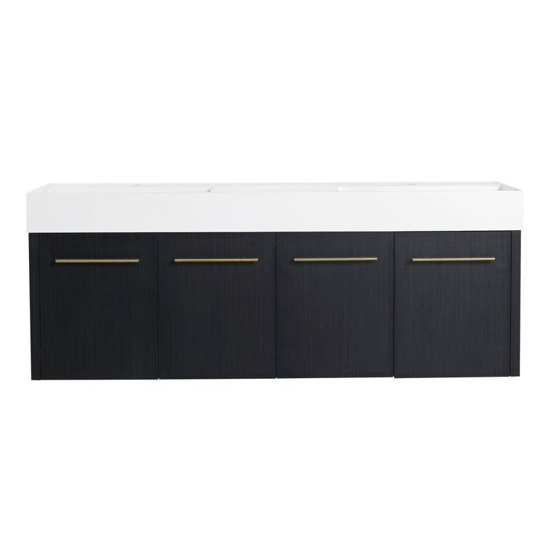 Meuble-lavabo mural de 60 po de style chic, entrée, finition châtaignier noir, grand volume de rangement, porte contemporaine en contreplaqué, couleur, rangement inférieur spacieux,