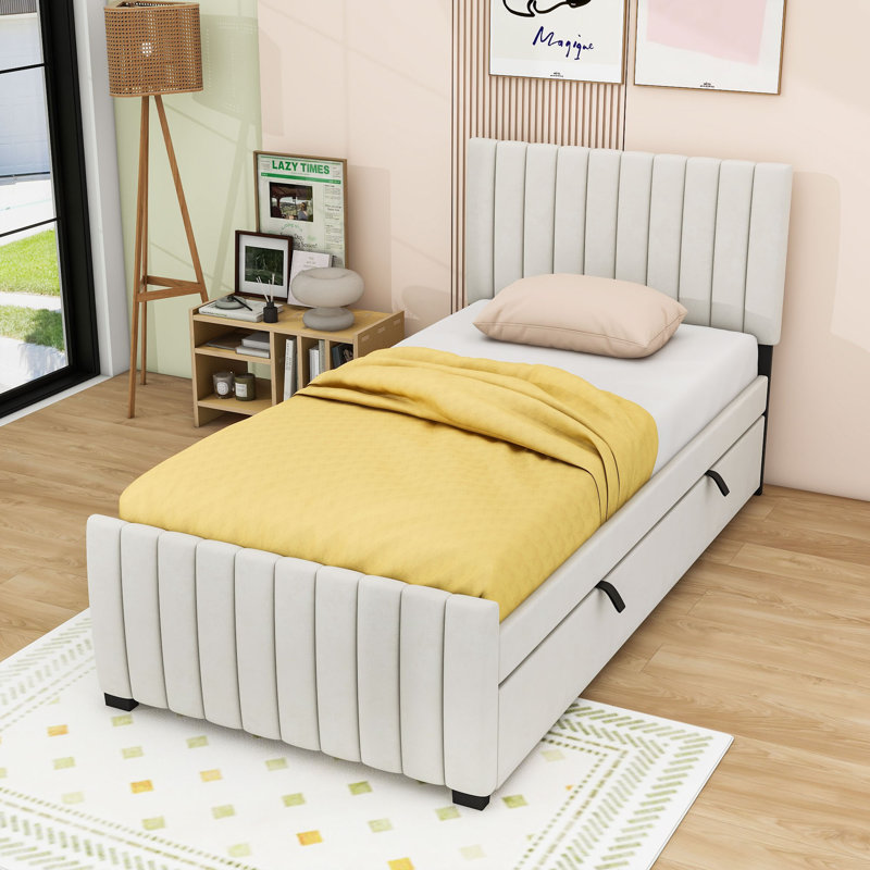 Sterns Twin Wooden Platform Bed with Trundle, Beige