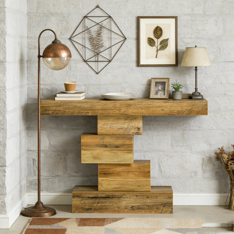 Table d'appoint en bois avec base géométrique, Brun pâle