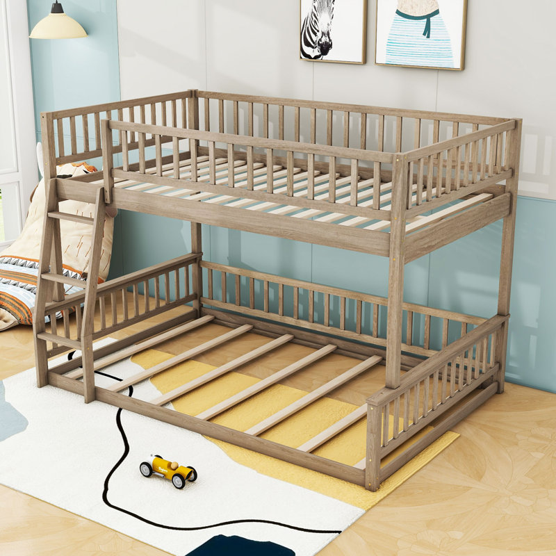 Josip Full XL Over Queen Solid Pine Wood Bunk Bed With Ladder, Guardrails, Walnut