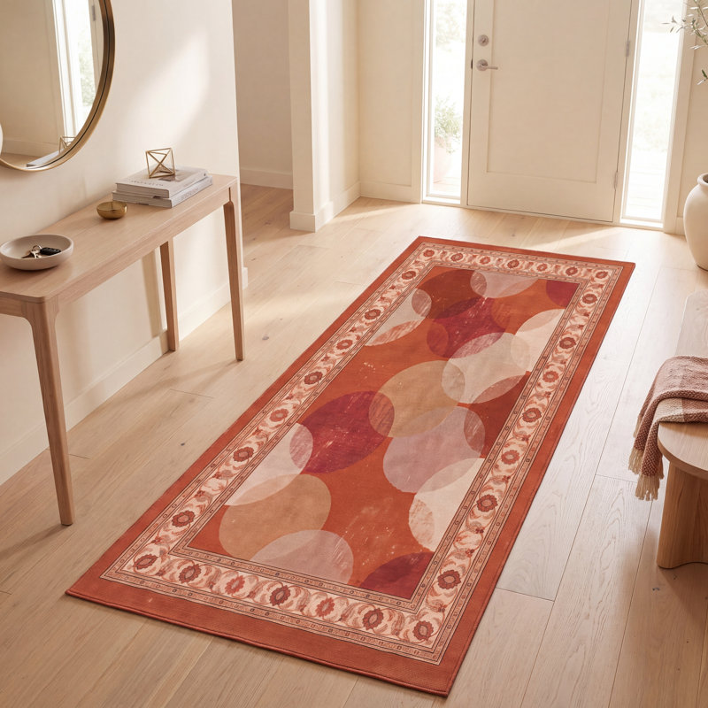Tapis Hawthorn2 Modern Circles géométrique orange, rouge et crème, lavable à la machine, antidérapant, à poils courts, pour l'intérieur et l'extérieur, adapté aux animaux domestiques, idéal pour le salon, la chambre, la salle à manger, l'entrée, le couloir ou le bureau.