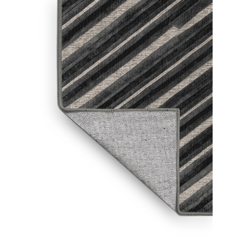  Tapis lavable rayé gris foncé argenté, Rond 4 pi