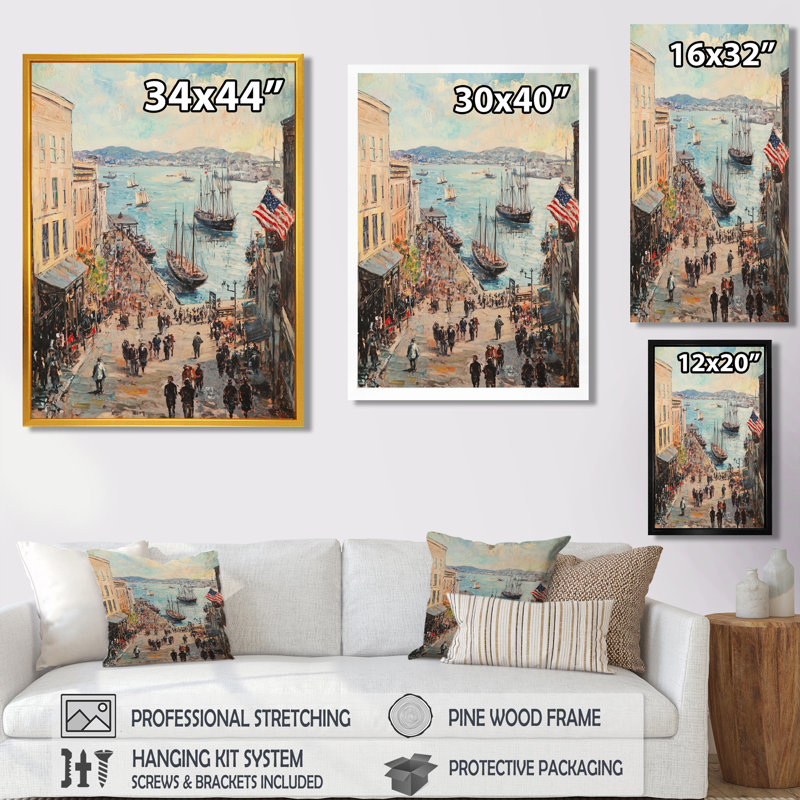 Port à San Francisco à la ruée vers l'or en Californie - Patriotiste des États-Unis, impressions sur toile, Crème, crème