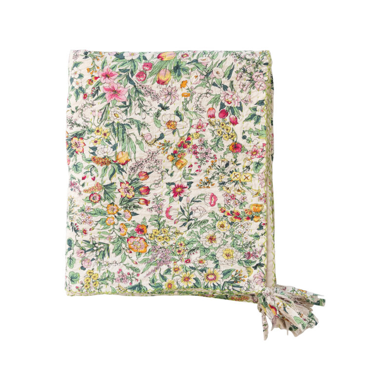 Quilted Throw With Floral Pattern, Kantha Stitch And Tassels