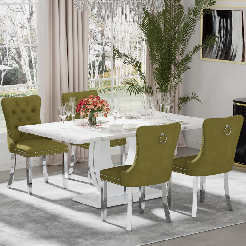 Ensemble de table de salle à manger rectangulaire, 5, Vert olive, Blanc / argenté