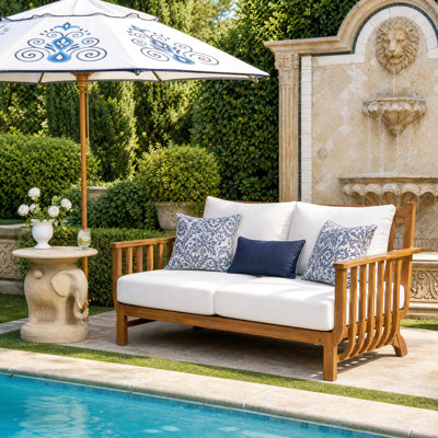 Brynne Mid-Century Modern Acacia Wood Outdoor Loveseat with Cushions, Weather-Resistant, Patio Sofa for Deck, Poolside, Backyard