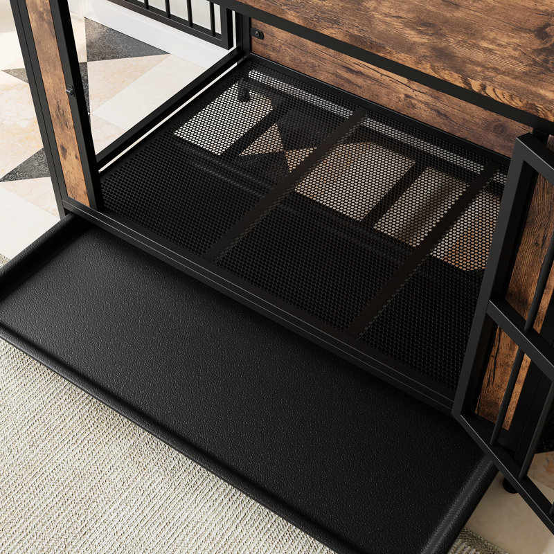 Table pour chien rustique brun, chenil 38,9 po avec 2 portes coulissantes et structure en fer épais