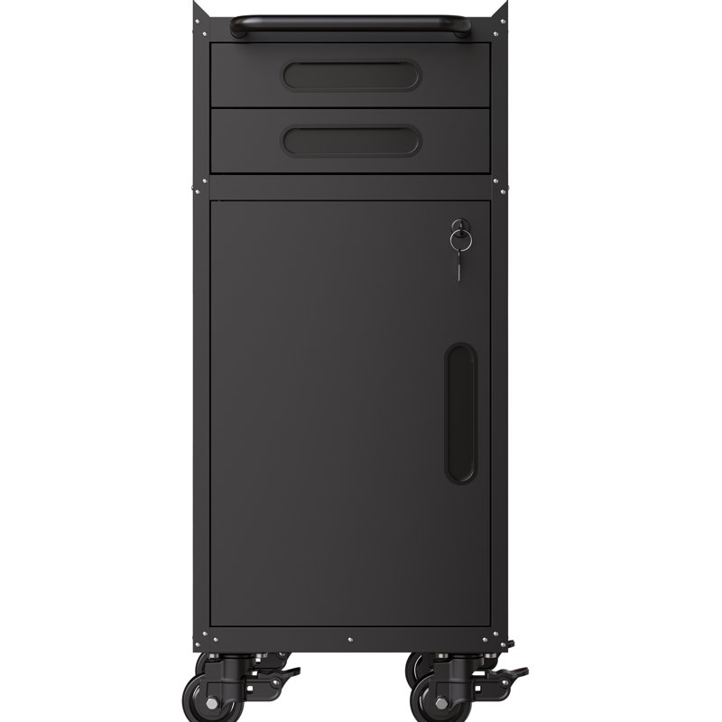 Armoire de rangement mince en métal de 34,3 po - Option d'espace pour le garage, avec armoire inférieure verrouillable, 2 tiroirs supérieurs et grande poignée, conception moderne, organisateur roulant étroit à finition noire, idéal pour les espaces restreints