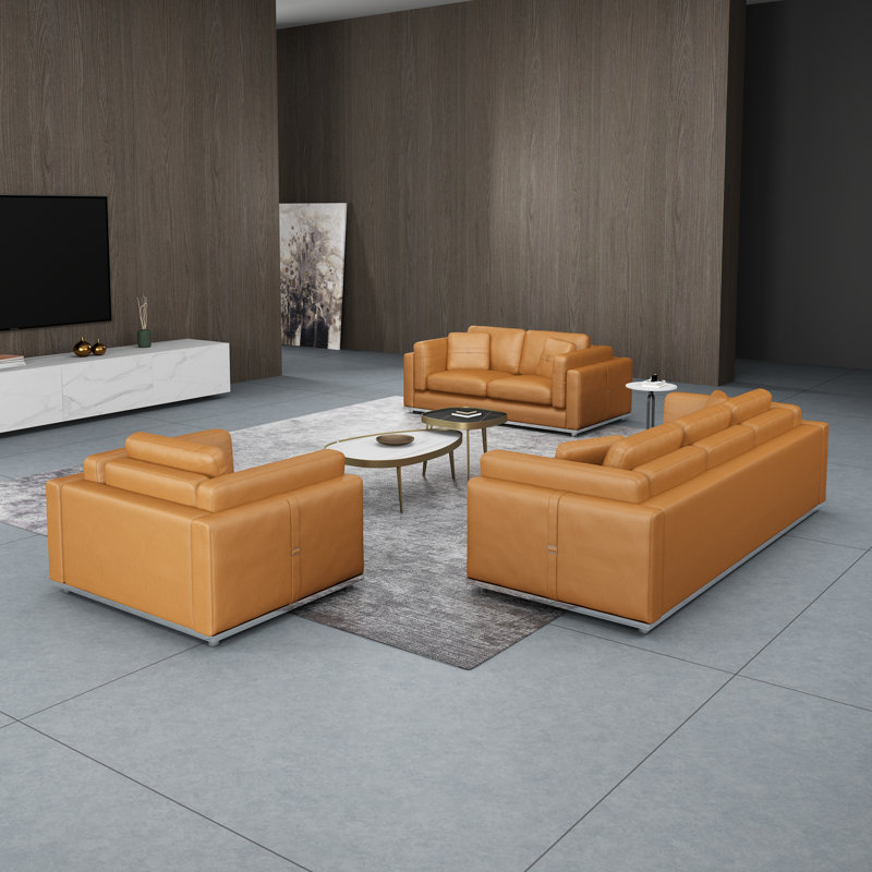 Picasso 3 - Piece Living Room Set, Off White Genuine Leather