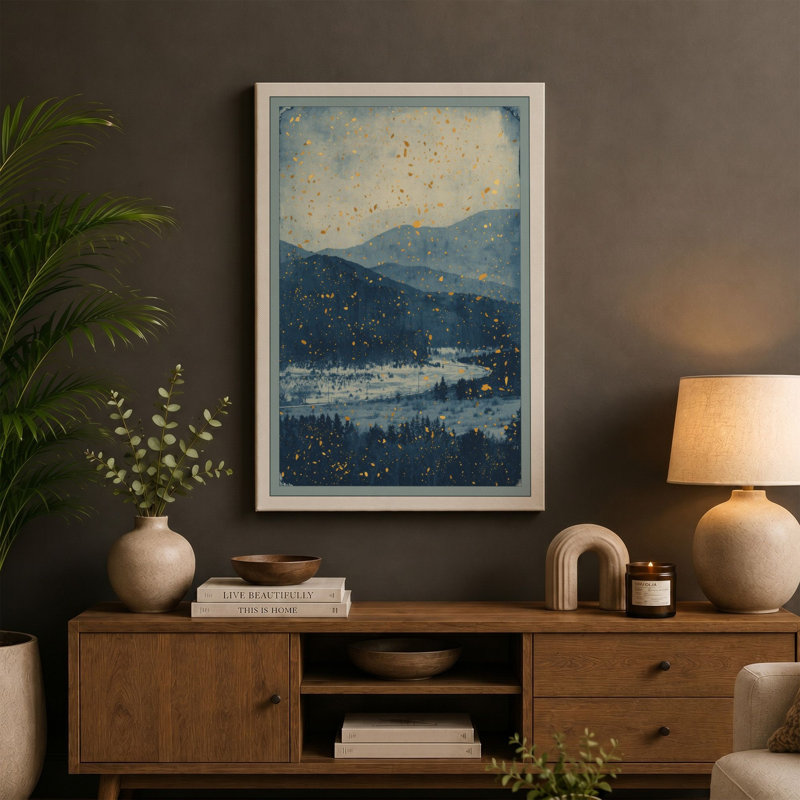 Mountains Under Snow Scandinavian - Wrapped Canvas, 30x20 - 76.2 x 50.8 cm, Taupe Border