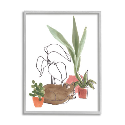 Chat d'intérieur endormi avec des plantes en terre cuite Big Palms par June Erica Vess