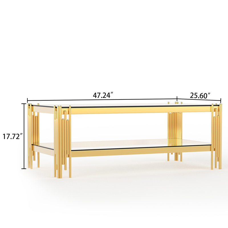 Table basse dorée de style moderne avec verre trempé double couche et pièces de fixation en acier inoxydable Attaches élégantes