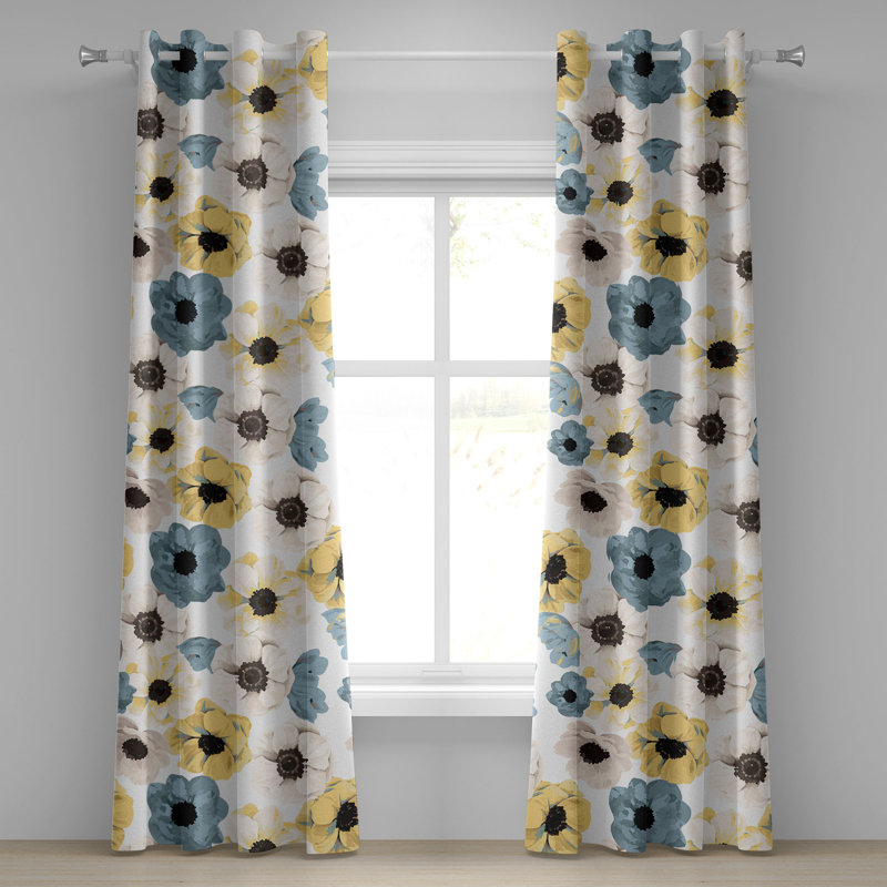 Rideau à oeillets à motif floral Dakota Fields, Turquoise foncé / moutarde, L 50 po x L 96 po