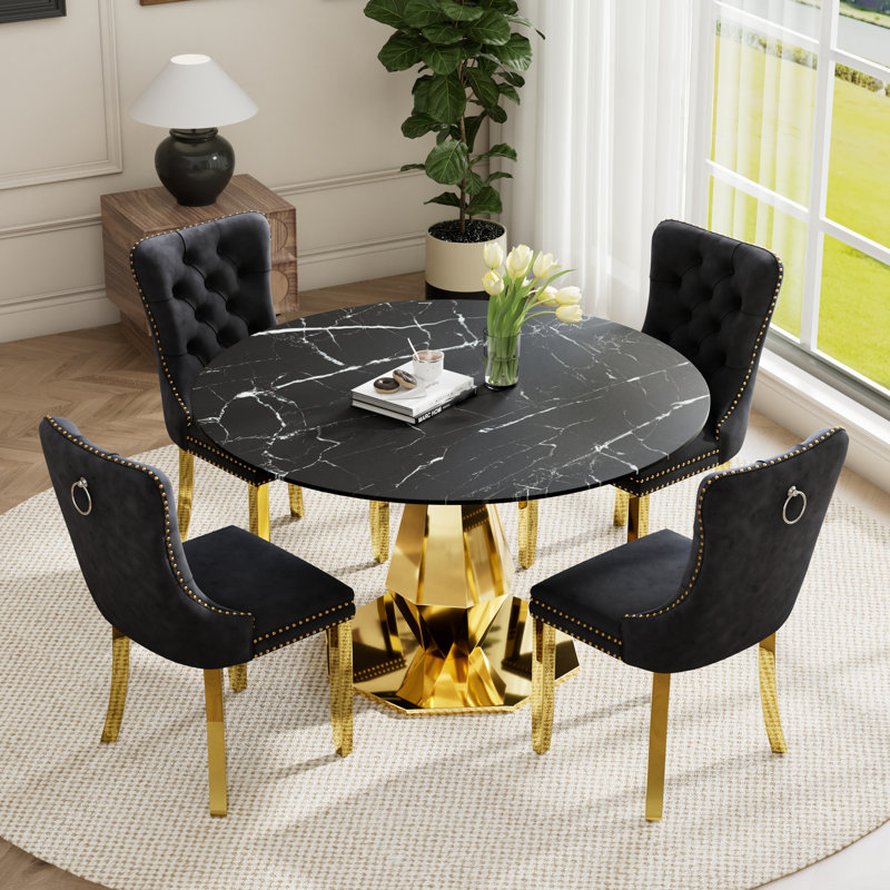 Luxtury Round Marble Texture Tempered Glass Pedestal Dining Set with Tufted Dininig Chair, Black, Gold, White