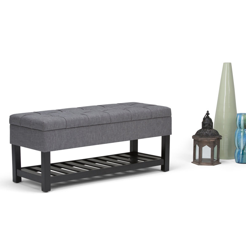 Saxon 43"W Linen Look Transitional Storage Ottoman Bench with Tufted Lift-Top and Open Bottom Shelf, Slate Gray