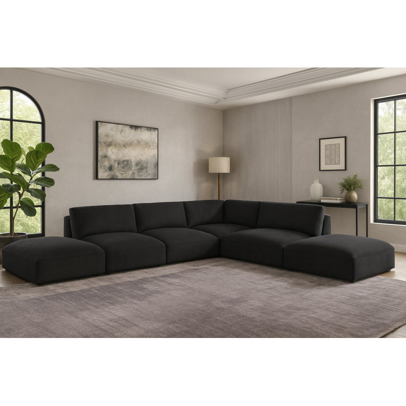 Canapé modulaire réversible de large de 152 po avec repose-pieds Ivaline, Tissu de polyester noir