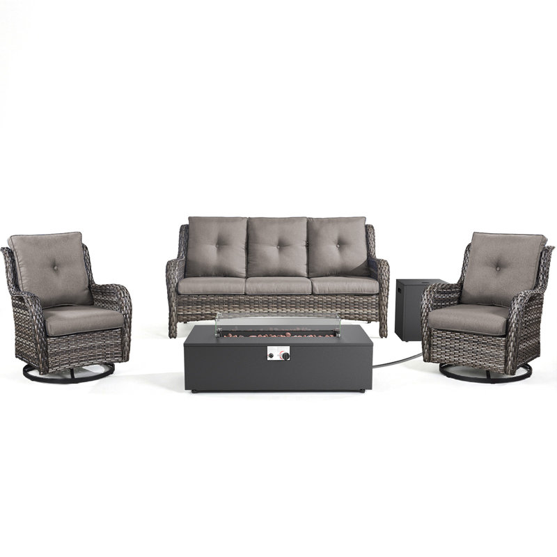 Deeomninia 4-Piece All Weather Wicker Patio Conversation Set With Swivel Gliders And Split Fire Pit Table