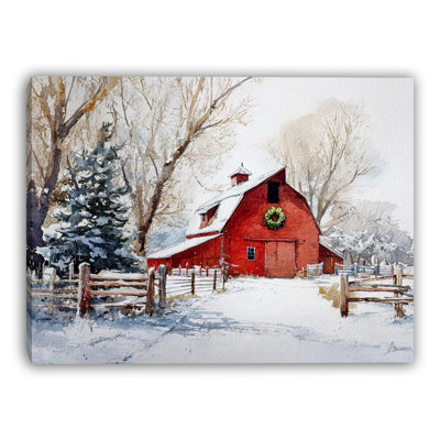 «Red Barn with Christmas Wreath I», art mural sur toile tendue