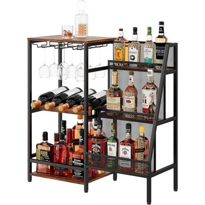 Support à vin sur pied avec porte-verres et porte-bouteilles à 3 niveaux pour le whisky, le vin et les bouteilles