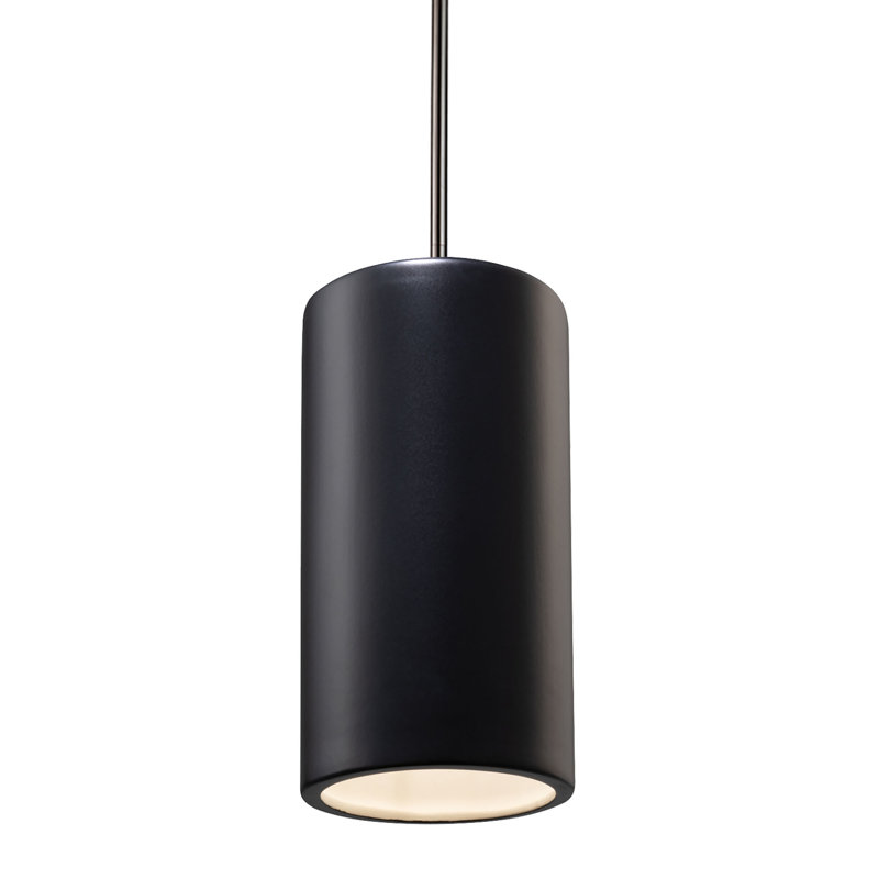 Luminaire suspendu cylindrique - tige rigide, Nickel brossé, Blanc brillant, H 13 po x l 7 po x P 7 po