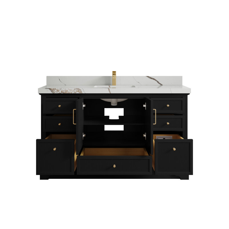 Meuble-lavabo sur pied simple 60 po avec plateau Alys, Or Calacatta