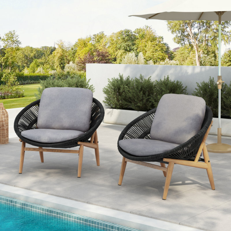Chaise longue d'extérieur en osier de style papasan, osier avec coussin, Gris foncé / Noir