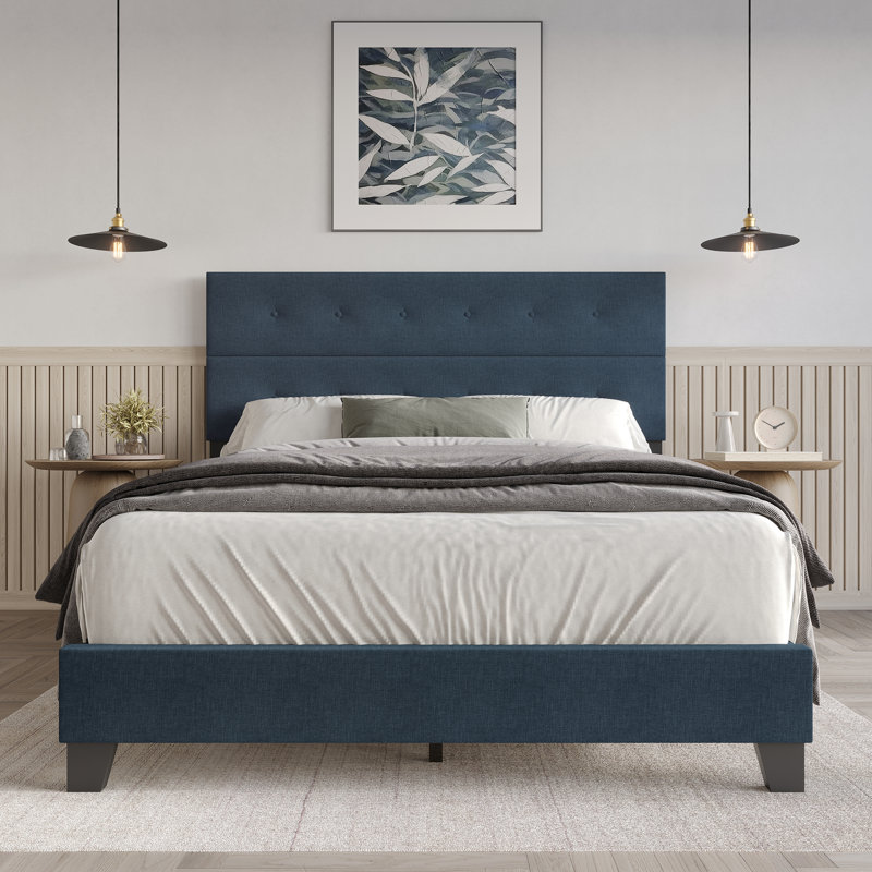 Lit tapissier standard non fini Sherlyne, Double, Bleu