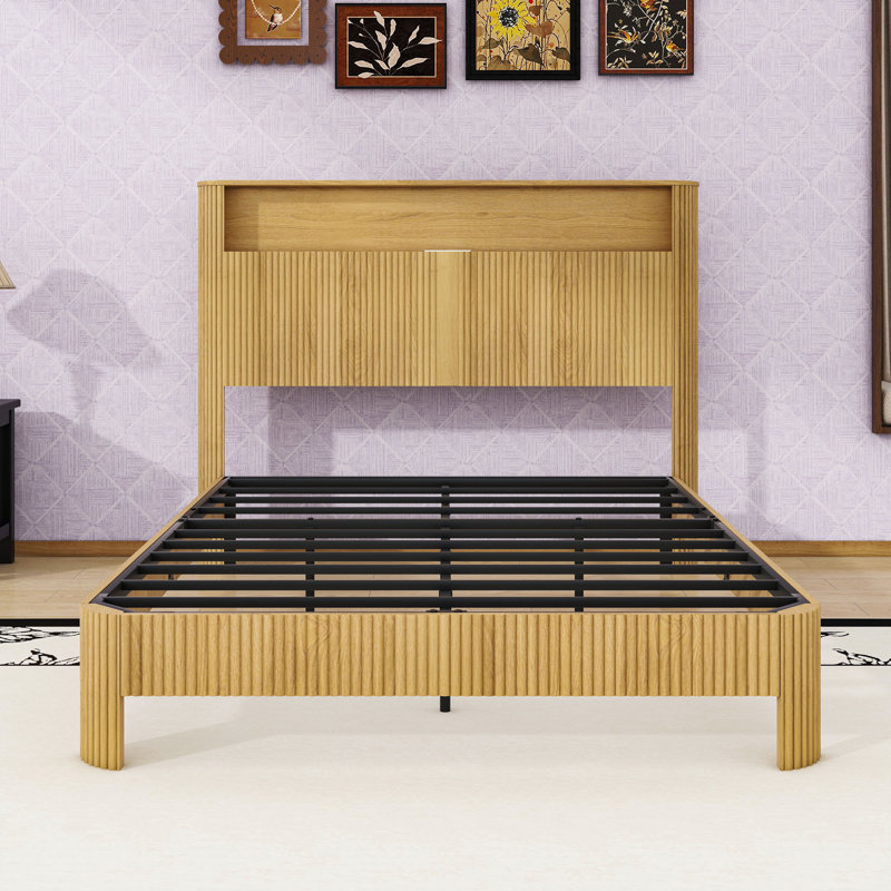 Bed Frame with Charging Station, Full XL, Natural