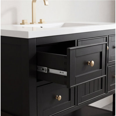 Meuble-lavabo noir 36 po avec lavabo en céramique, armoire en bois massif et panneau de fibres à densité moyenne, 3 tiroirs et 1 porte