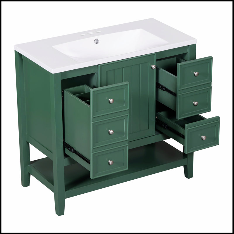Meuble-lavabo en bois massif et panneau de fibres à densité moyenne de 36 pouces avec lavabo, armoire et tiroirs pour un rangement durable et élégant