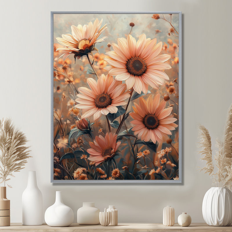 Sunflowers rétro rose Bloom III - art mural tournesols pour le salon, Argent argent, H 40 po x l 30 po