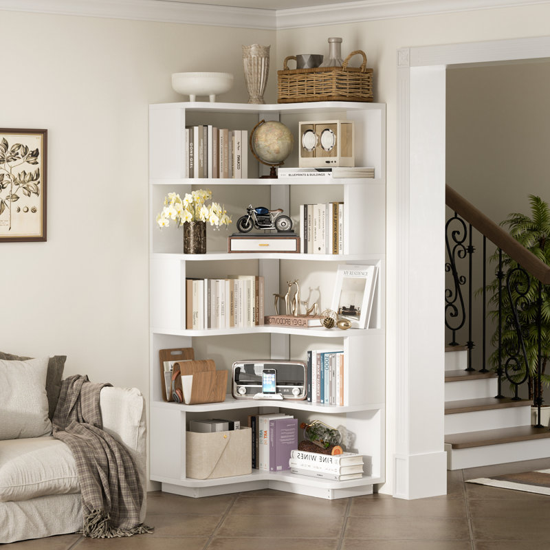 63.8"H 6-Tier L-Shaped Corner Bookshelf, White