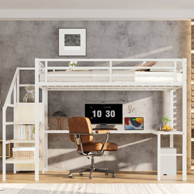 Grand lit mezzanine en métal avec bureau en forme de L, conduit, garde-robe de rangement et escalier pour le port de la chambre à coucher confortable, conduit, diviseur réglable