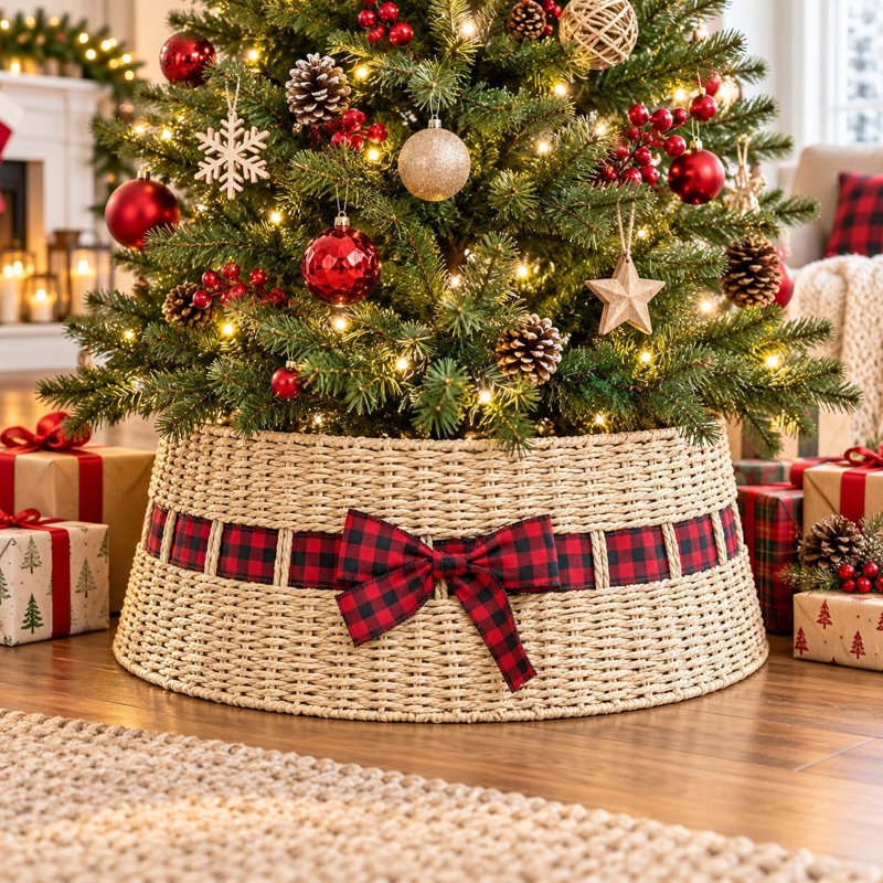 Woven Christmas Tree Collar with Buffalo Plaid Bow, Rattan Basket