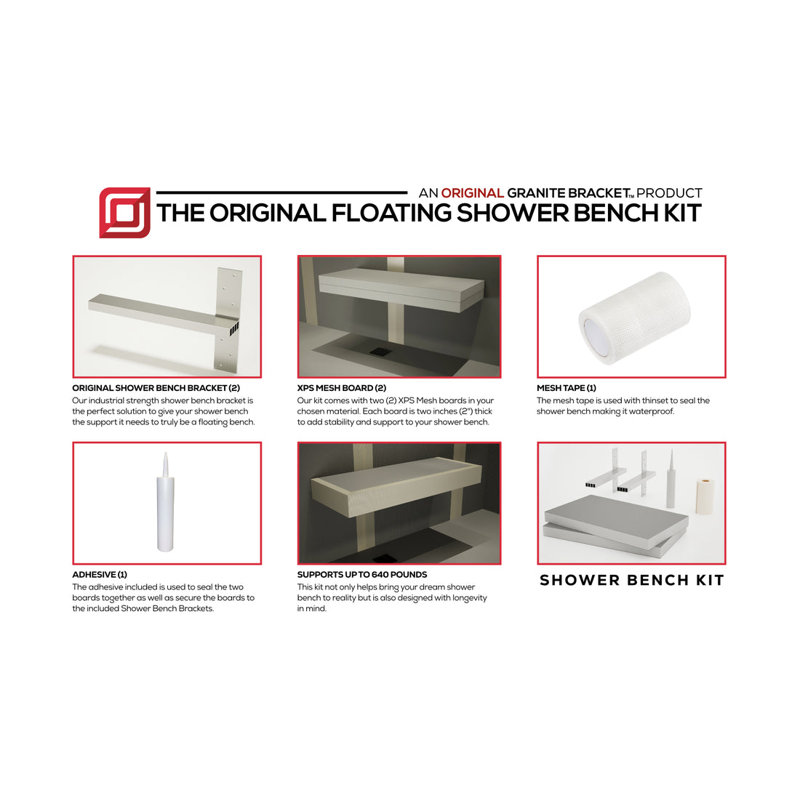 46in. × 12in. × 4in. The Original Floating Shower Bench Kit® with GoBoard Foam Board® – Original Shower Bench Bracket®