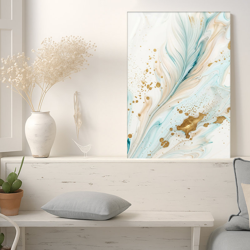 Art mural sur toile blanc et bleu beige avec éclaboussures dorées, H 24 po x l 16 po