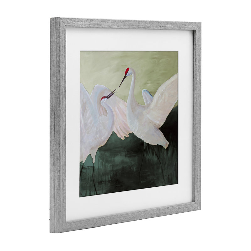 White Sandhill Cranes, reproduction sous verre encadrée, design par Robin Maria, H 13 po x l 13 po, Cadre de ferme gris