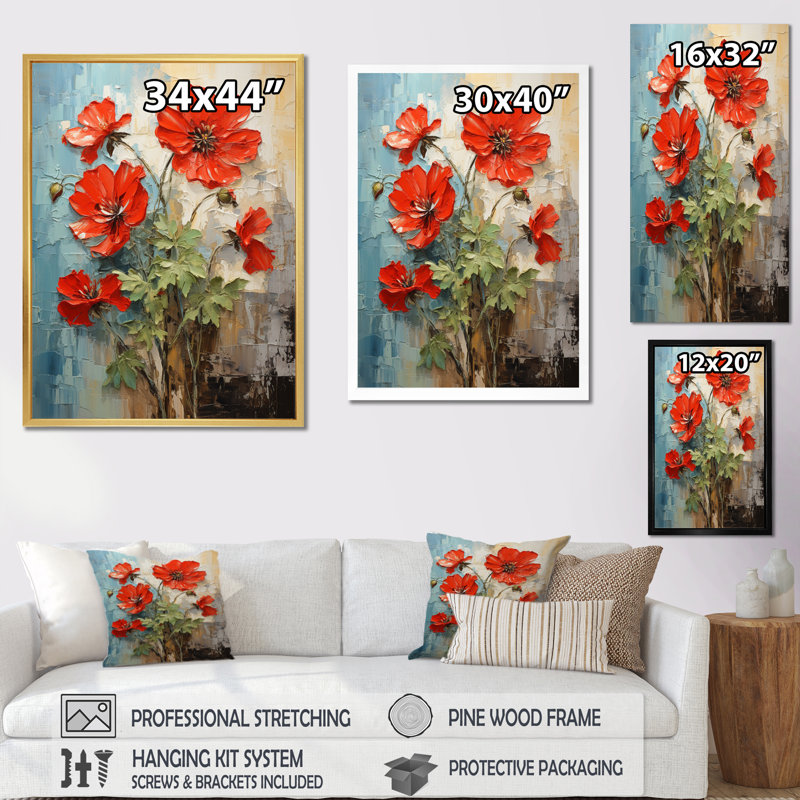 Rouge géraniums rouge écarlate Patchwork II - art mural floral et botanique salon, H 40 po x l 30 po x P 1,5 po