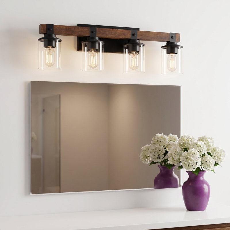 Miroir de salle de bain mural 27 po 4 lumières rustique en bois clair avec abat-jour en verre, 4