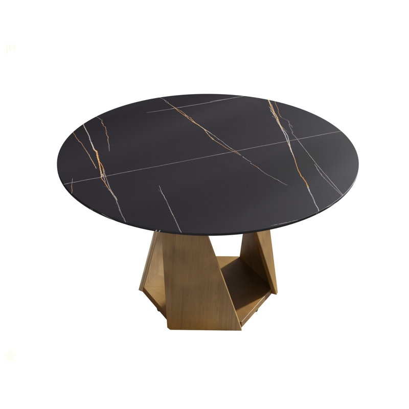 Table de salle à manger 53 po ronde en marbre avec base en fer bronze, marbre artificiel pour 6 personnes, table de salle à manger / cuisine de salle à manger, blanc (table de salle à manger seulement)